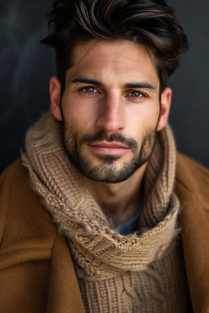 Portrait of a handsome young man with a beard in a brown sweater and scarfの素材