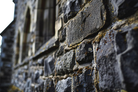 Stone wall of an old church in Scotland. Selective focus.の素材