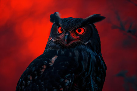 Portrait of an owl on a dark background with a red fire.の素材