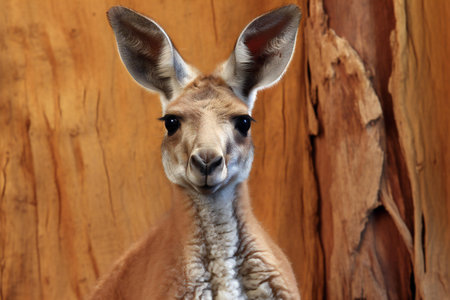Portrait of a kangaroo looking at the camera on a wooden backgroundの素材