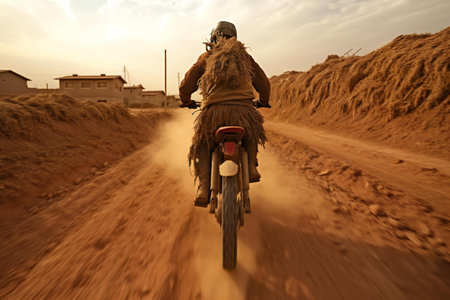 Motorcycle rider on a dirt road in the desert at sunset.の素材