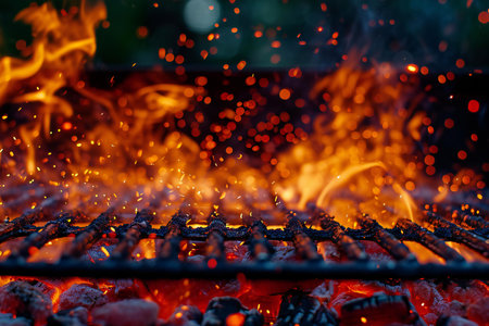 fire flames with sparks on the coals in the barbecue close upの素材