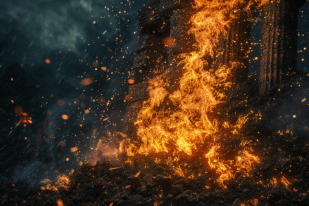 Burning wood in the village. Fire in the village. Close-up.の素材