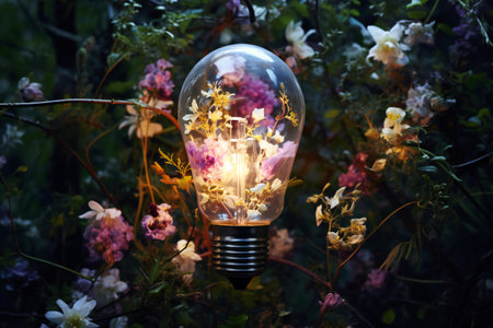 Vintage light bulb with flowers in the garden. Creative concept.の素材