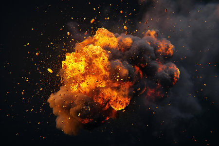 Big explosion with fire and smoke on black background.の素材