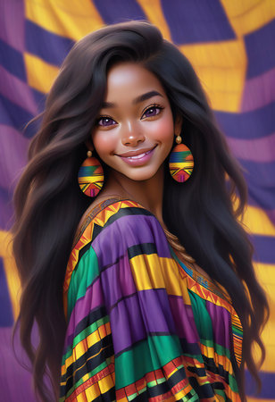 Beautiful african american girl with long black hair and multicolor makeupの素材