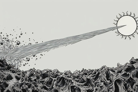 Falling meteorite in the sky. Black and white illustration.の素材