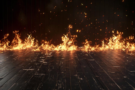 Burning wooden floor in a dark room with a black background.の素材