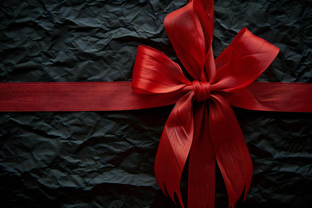 Red ribbon with bow on black background. Christmas and New Year concept.の素材