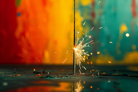 sparkler and sparks on the background of a colored wall.の素材