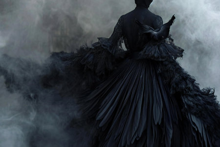 Gorgeous woman in black gothic dress with black feathersの素材