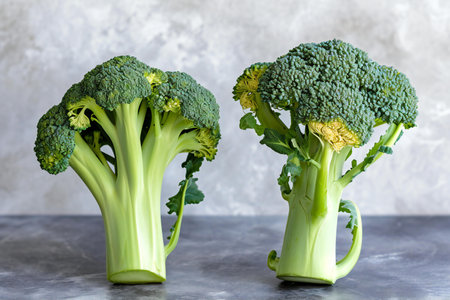 Fresh green broccoli on a gray background. Vegetarian food concept.の素材