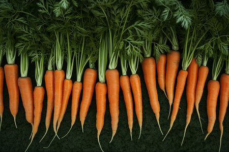 Bunch of fresh carrots with green leaves in a row on black backgroundの素材