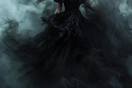 A woman in a black dress is dancing in the smoke on a dark backgroundの素材