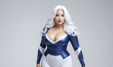 a female superhero in white and blue latex costumeの素材