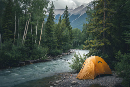 Camping on the bank of a mountain river in the forest.の素材