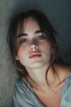 portrait of a beautiful girl in a gray shirt on a gray backgroundの素材