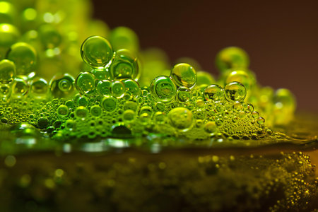 Macro shot of green water drops on glass surface. Abstract background.の素材