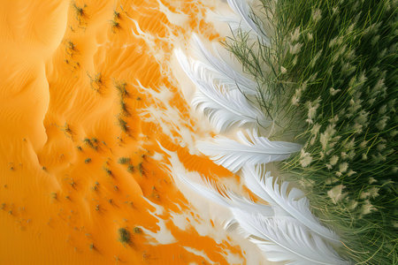 Abstract nature background with green grass and white feathers. Top view.の素材