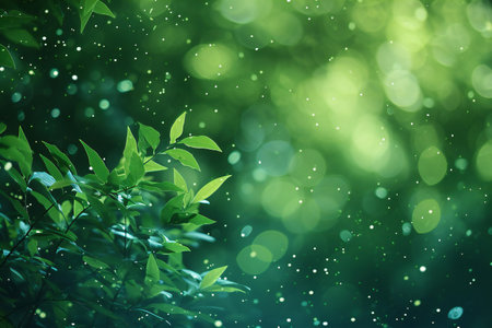 Bokeh background with bokeh lights and fresh green leavesの素材