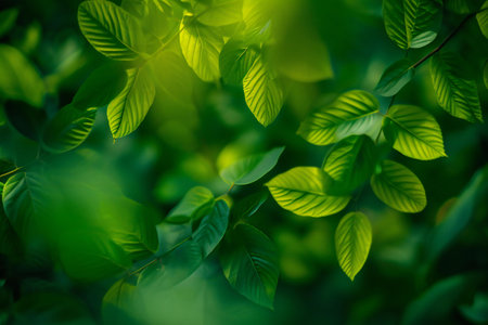 Green leaves background with selective focus and bokeh, nature backgroundの素材