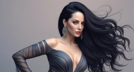 Fashion portrait of young beautiful woman with long black hair. Perfect makeup and hairstyleの素材