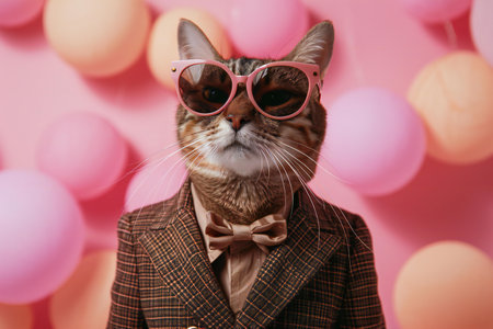 Fashionable cat in sunglasses and suit on pink background with balloonsの素材
