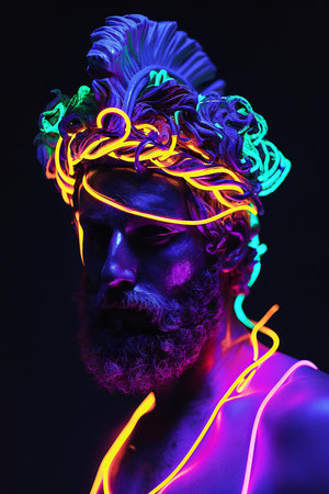 Close-up portrait of a man with a beard in neon light.の素材