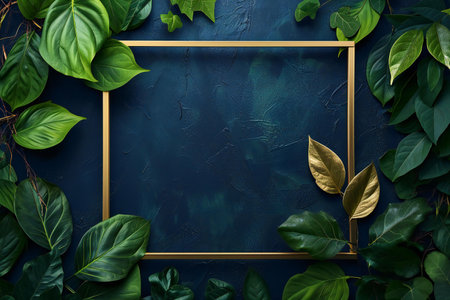 Creative layout made of tropical leaves and golden frame on dark blue background. Flat lay, top view, copy spaceの素材