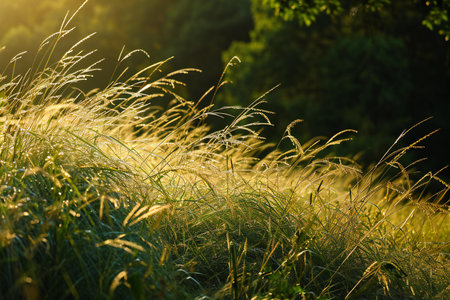 Grass in the sunset light. Beautiful natural background for your designの素材