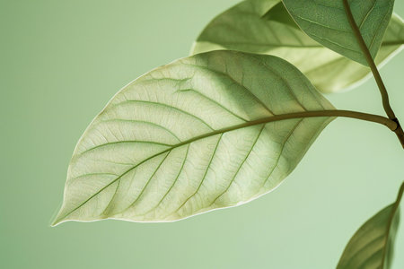 Close up of a green leaf on a green background with copy spaceの素材