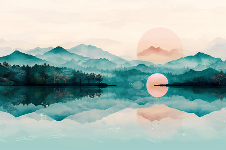 Landscape with mountains, lake and sunset. Digital art painting.の素材