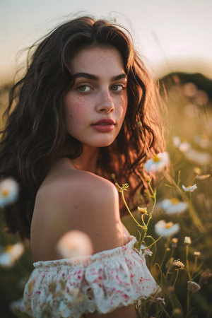 Portrait of beautiful young woman in camomile field at sunsetの素材