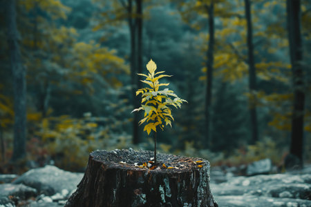 Small tree growing on a stump in the middle of the forest.の素材