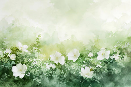 Watercolor spring background with white flowers and green leaves. Digital painting.の素材