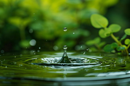 Water drop falling on the surface of the water with green background.の素材