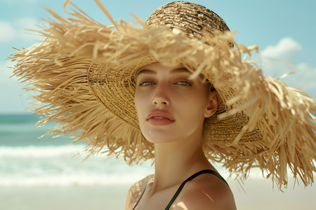 Portrait of young beautiful woman in straw hat on the beach.の素材
