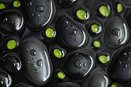 Spa stones with water drops and green leafs on black backgroundの素材