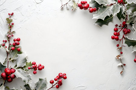 Christmas background with holly leaves and berries on white textured backgroundの素材