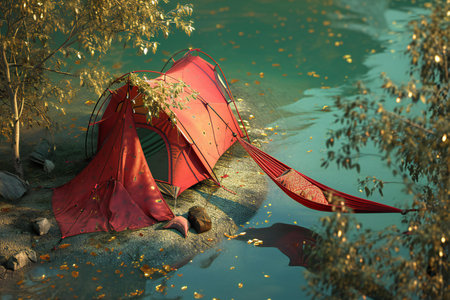 Red tent on the lake in the forest.の素材