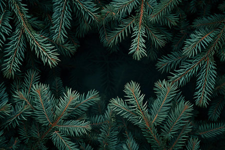 Christmas background with fir tree branches on dark background. Top view.の素材