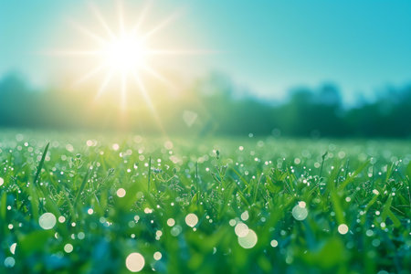 Green grass with dew drops on the background of the sun.の素材