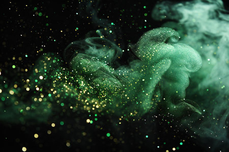 Green and black abstract background with glittering stars and clouds of smokeの素材