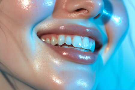 Close up of beautiful woman's mouth with white teeth in blue lightの素材