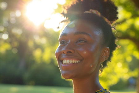 Close up portrait of a young african american woman smiling outdoorsの素材
