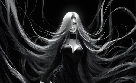 illustration of beautiful woman with long hair in black dress on black backgroundの素材