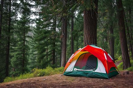 Camping tent in a pine forest in California, USA. Camping equipment.の素材