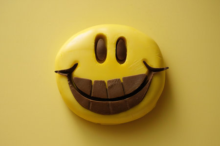 Smiley face made of plasticine on yellow background, top viewの素材