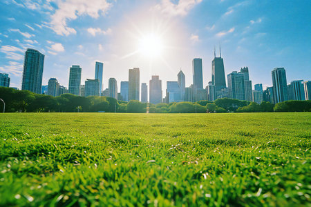 Green grass field and modern city skyline with skyscrapers in Beijing,China.の素材
