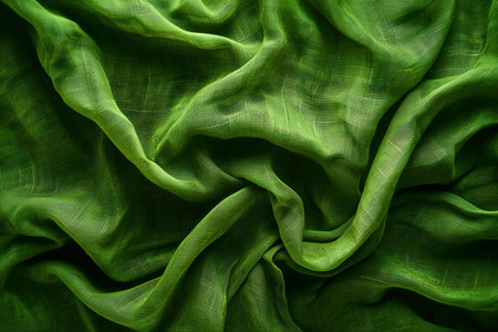 Green satin cloth background. Close up of crumpled fabricの素材
